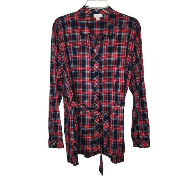 J. Jill Red Black Plaid Long Sleeve Button Down Tunic Top Ties At Waist Large - Picture 1 of 9